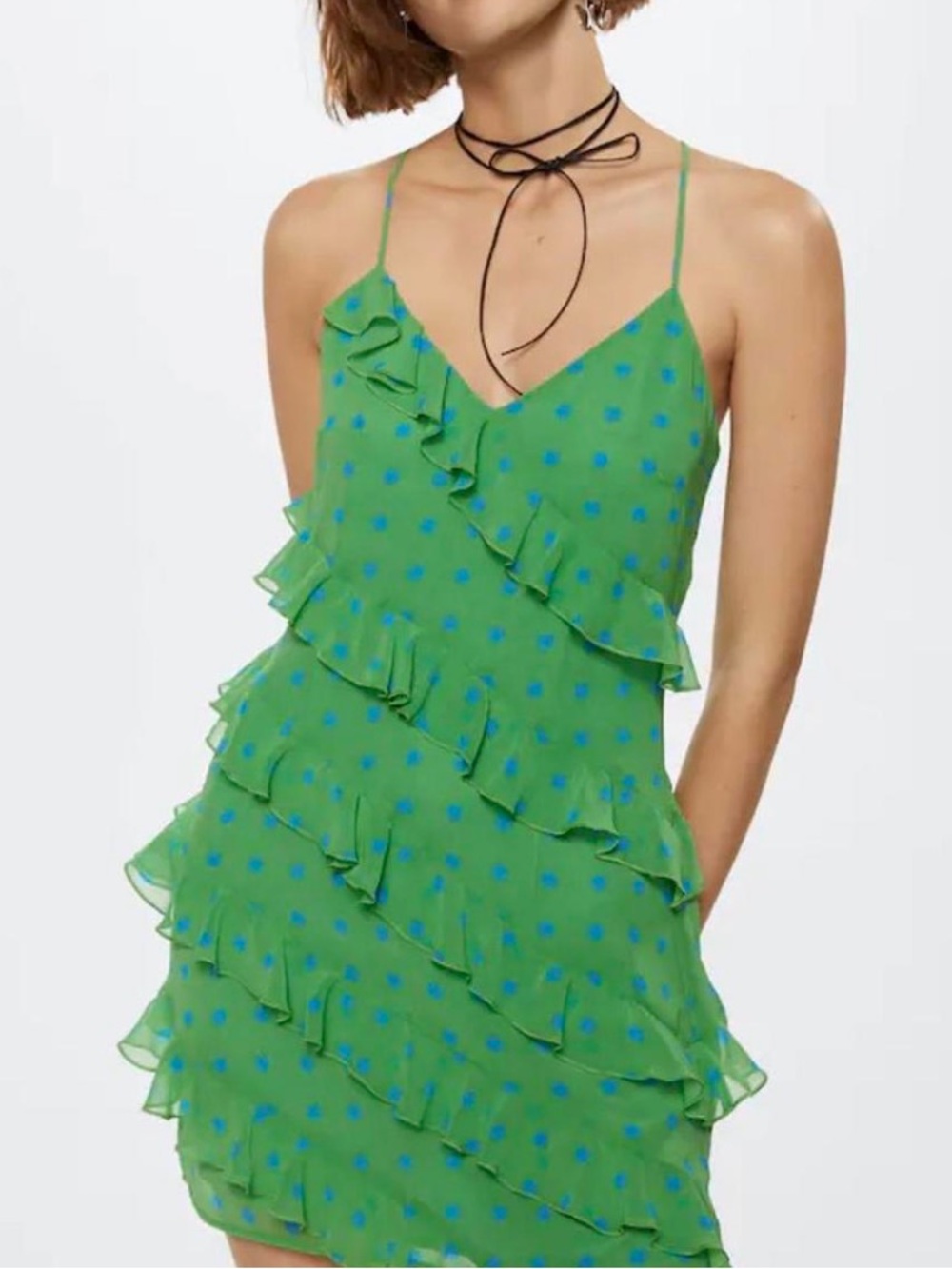 MNG mango Green blue Polka Dot Ruffle Mini Dress NWT SIZE XXS limited edition